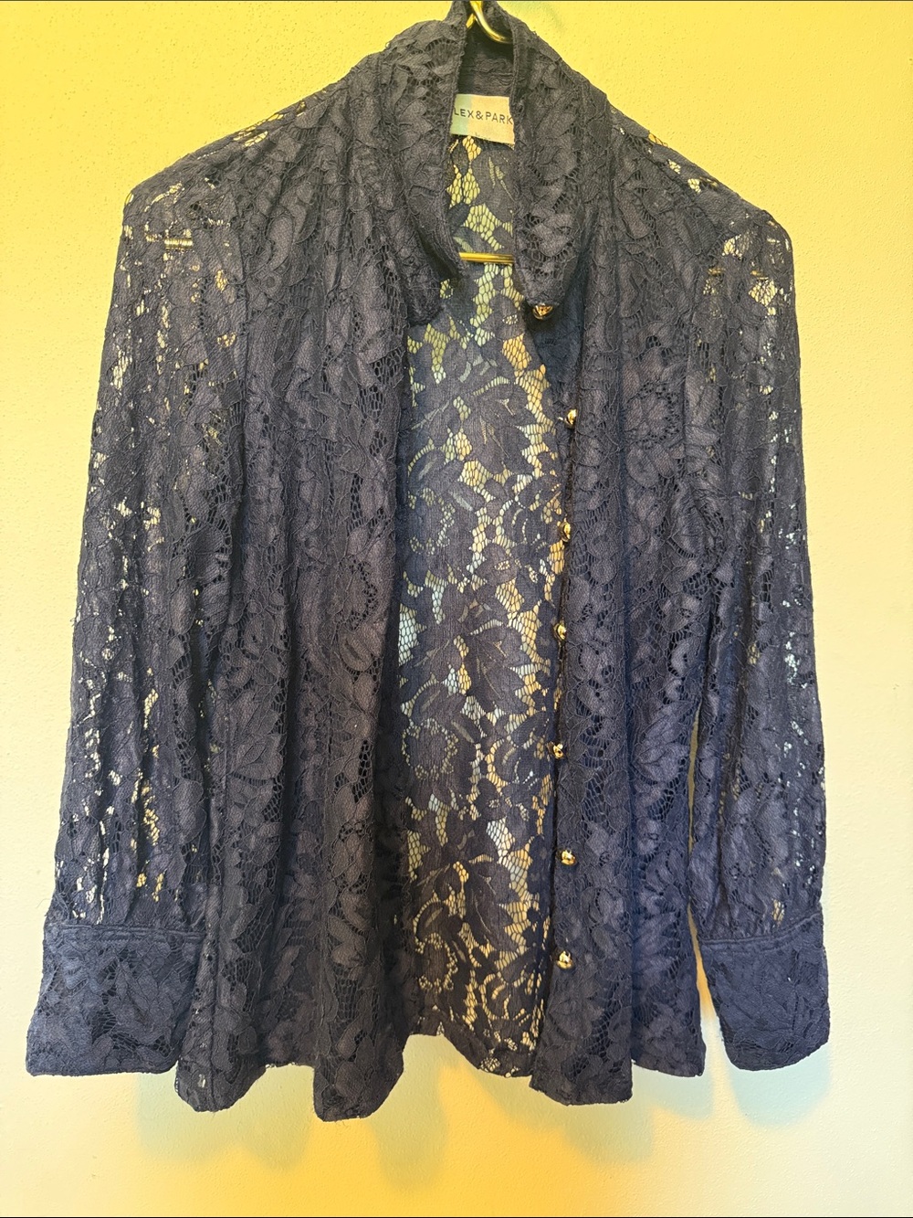 Alex & parker Navy Lace Button-Front Long Sleeve Blouse